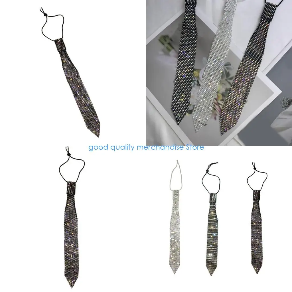 قلادة ربطة العنق Y5JD مع أحجار الراين الكاملة اللافتة للنظر لمهرجان الموسيقى في كرنفالات النادي تظهر ربطة عنق رائعة مربوطة