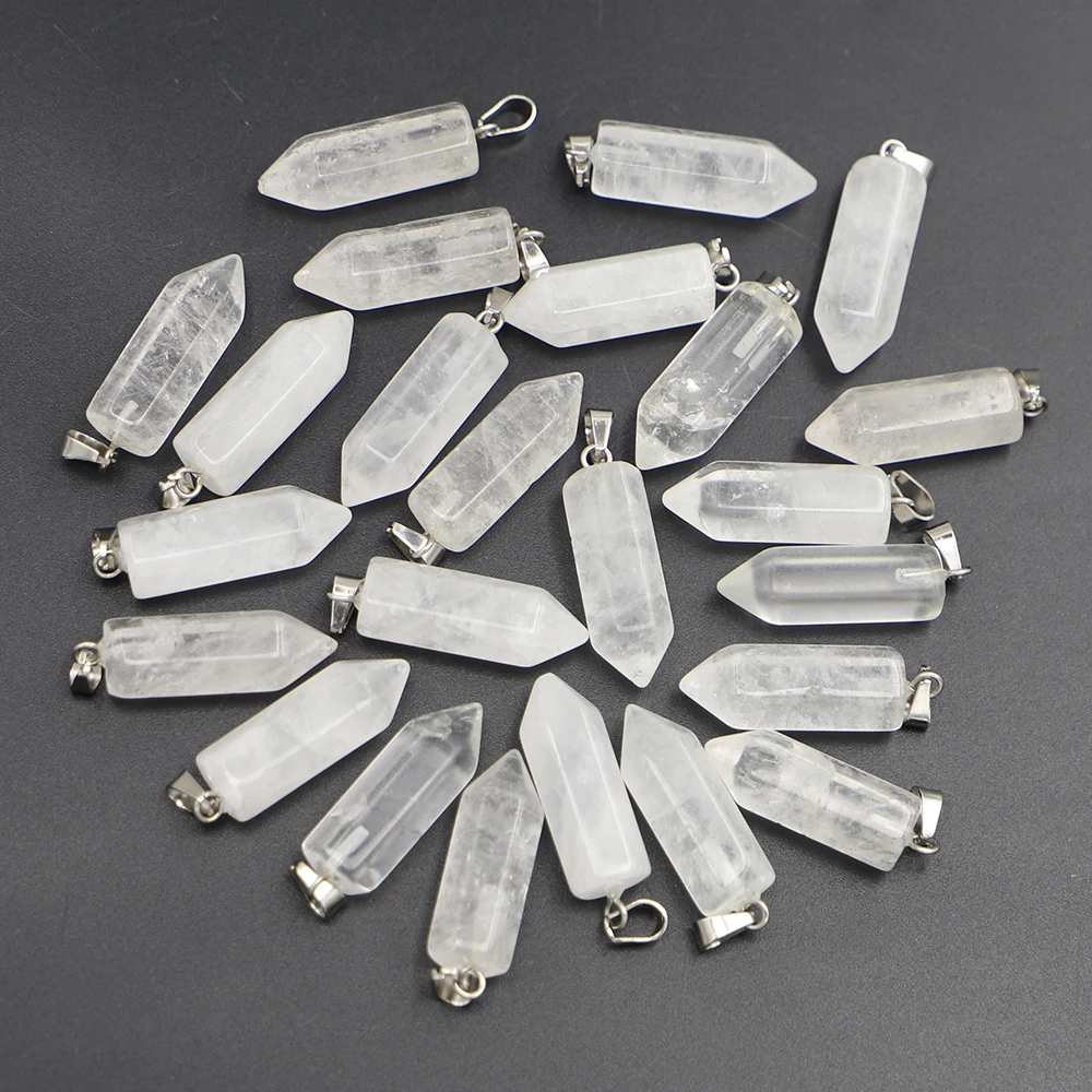 New Natural Stone White Crystal Pillar Hexagonal Column Pendants Reiki Charms DIY Necklace Earring Healing Jewelry Making 20Pcs