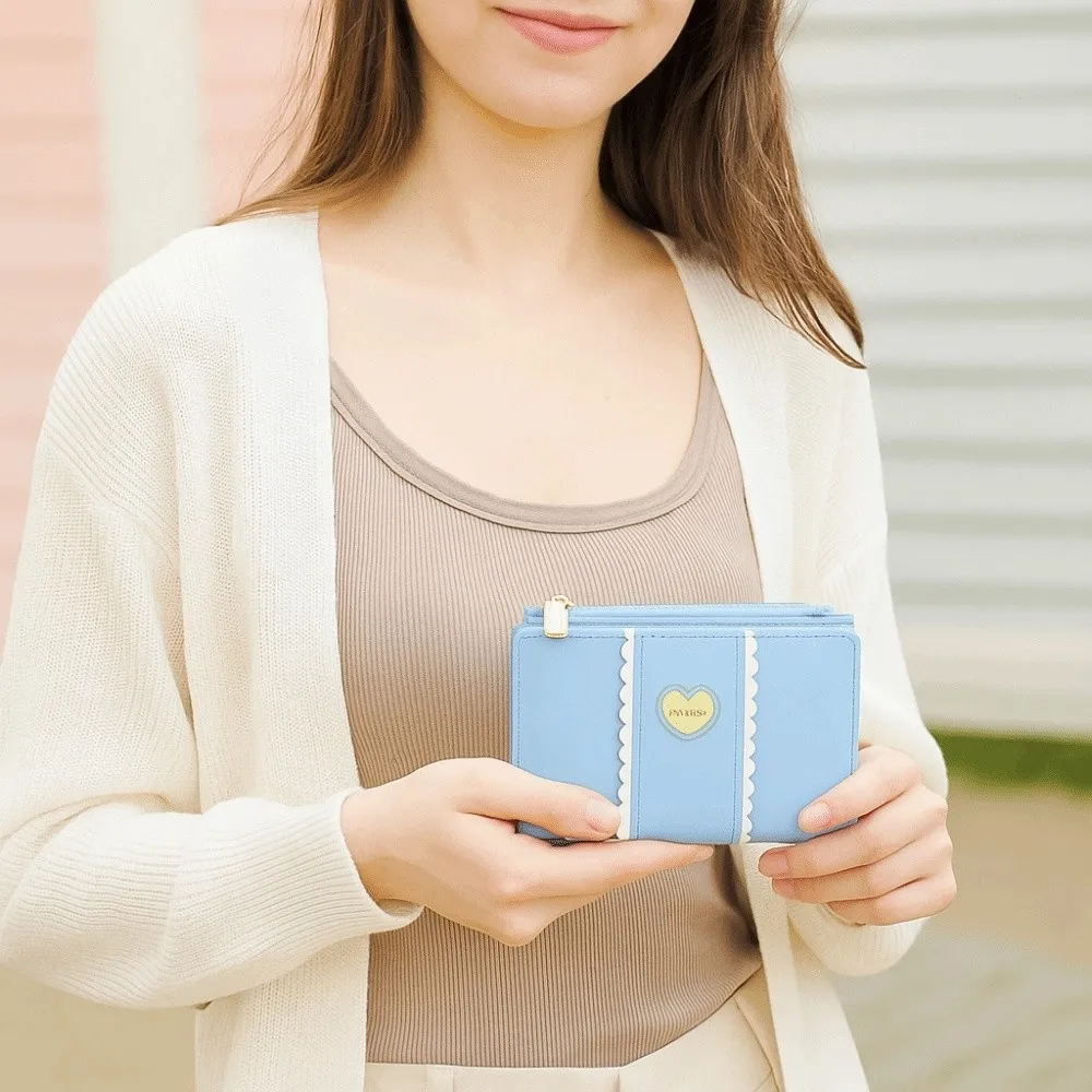

Elegant Women Short Wallet Pu Leather Love Heart Biofold Business Purse Candy Color Waterproof Bank/ID/Credit Card Holder Woman