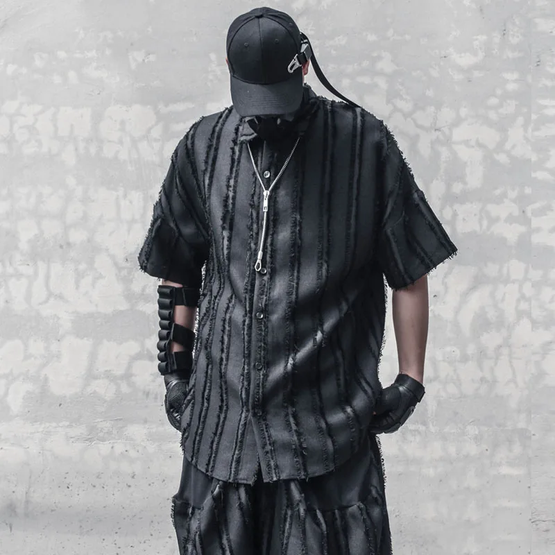 Summer Dark Vertical Striped Short Sleeve Shirt Designer Fashion Ruan Shuai Loose-Fitting Tassel Dark Casual Half Sleeve Shirt