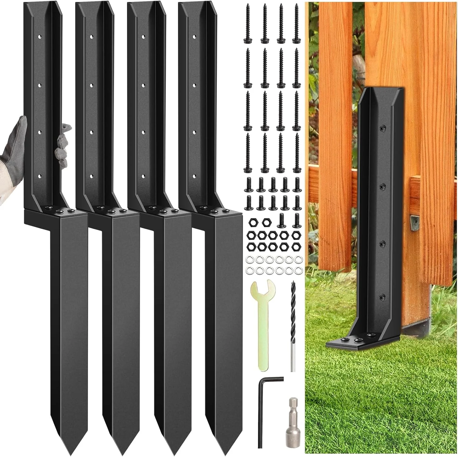 Fence post repair kit, heavy-duty fence post anchor ground pile for repairing tilted, damaged wood supports