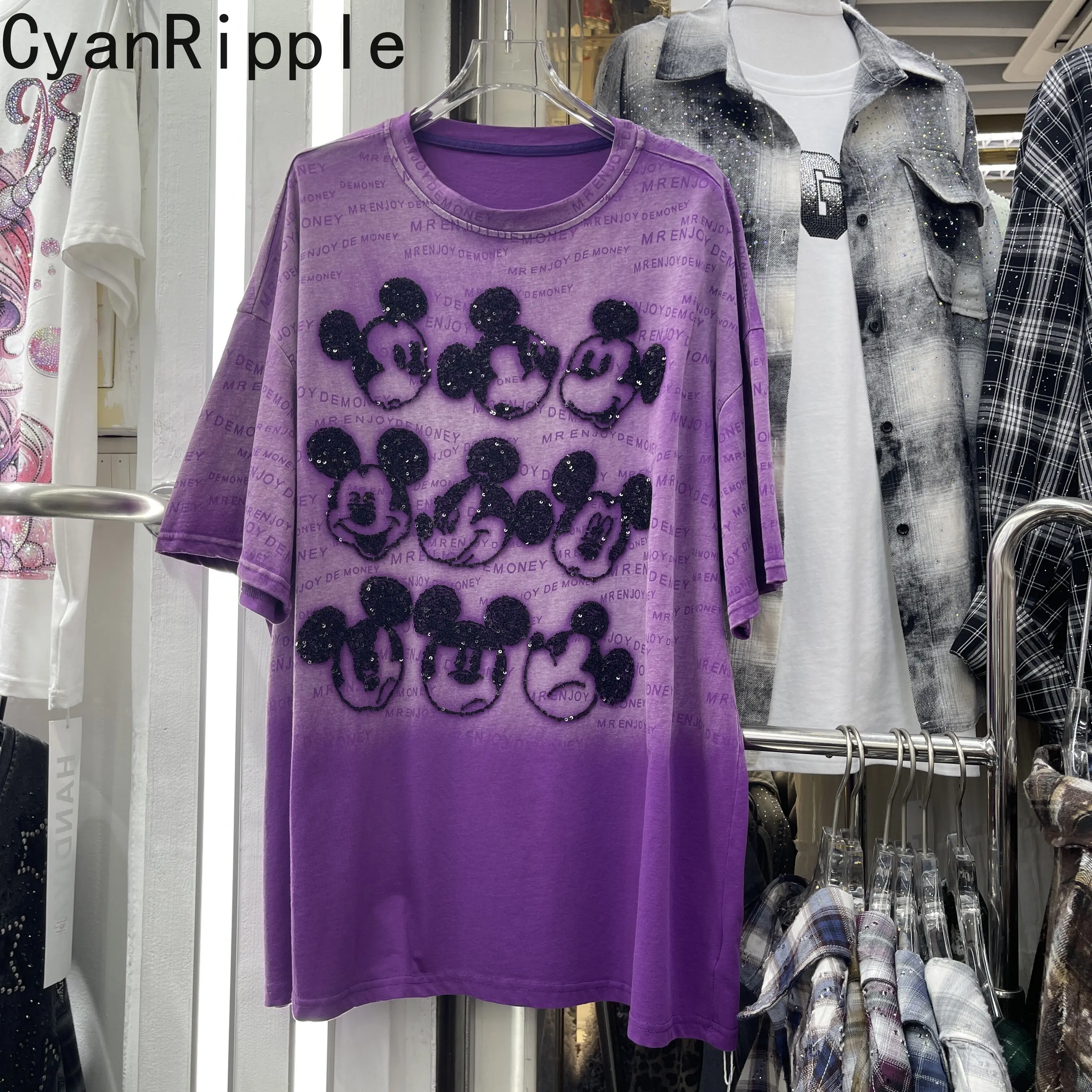 

Новая летняя женская футболка 2026 года с коротким рукавом, вышивкой Микки, оверсайз, средней длины, повседневная, для студентов, хлопковая