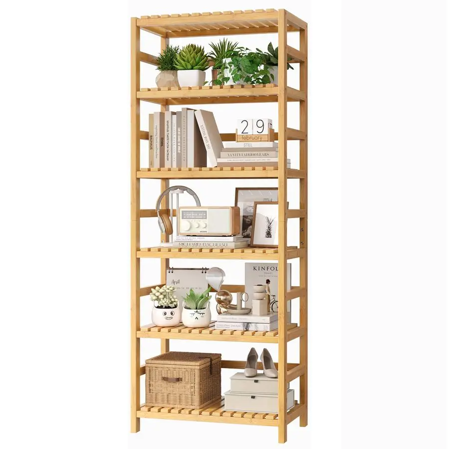 

6Tier Bamboo Shelf, Bamboo Bookcase with Adjustable Shelves, Free Standing Storage Shelf Unit, Plant Flower Stand for Kitchen,