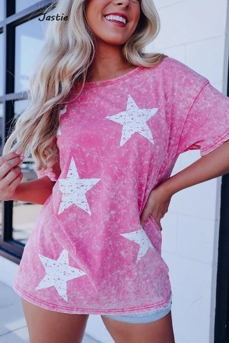 Star Print Distressed Women Summer T-shirts Street Fashion Loose Casual Short Sleeve Tee 2024 New O-Neck Pullover Tops