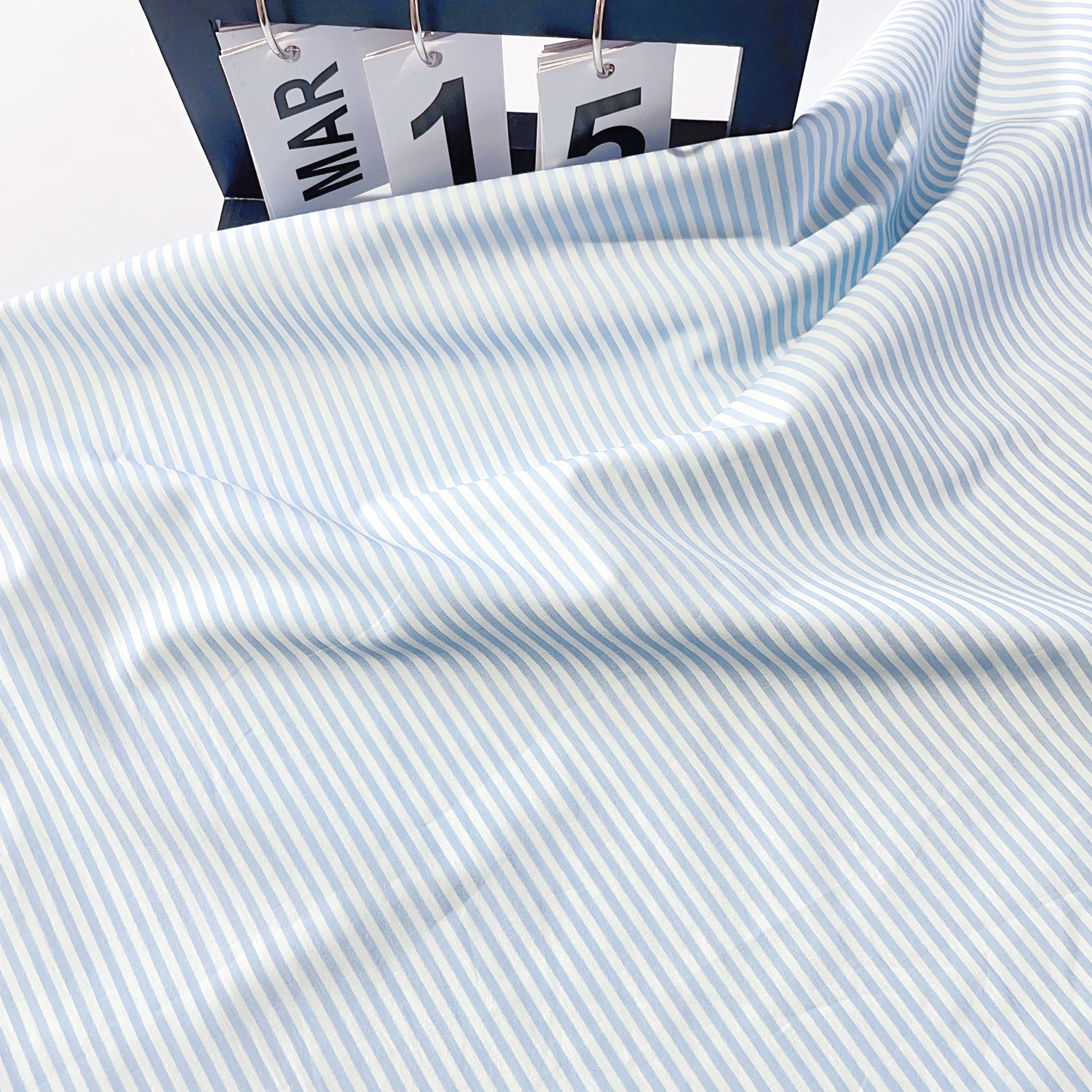 

High Quality Light Blue Vertical Striped 100% Cotton Fabric Soft Breathable Dress Formal Casual Wear Classic Collar Long Sleeve