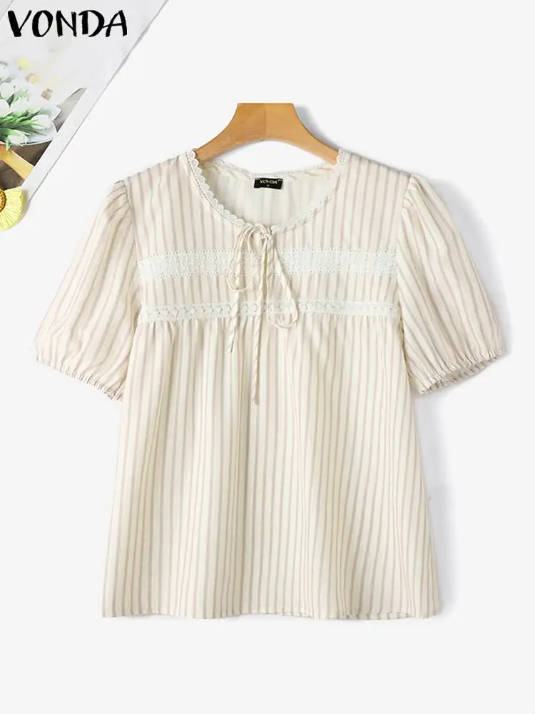 VONDA Summer Women Fashion Pleated Blouse Bandage O-Neck Stripe Shirts 2024 Short Puff Sleeve Casual Loose Blusas Elegant Tops