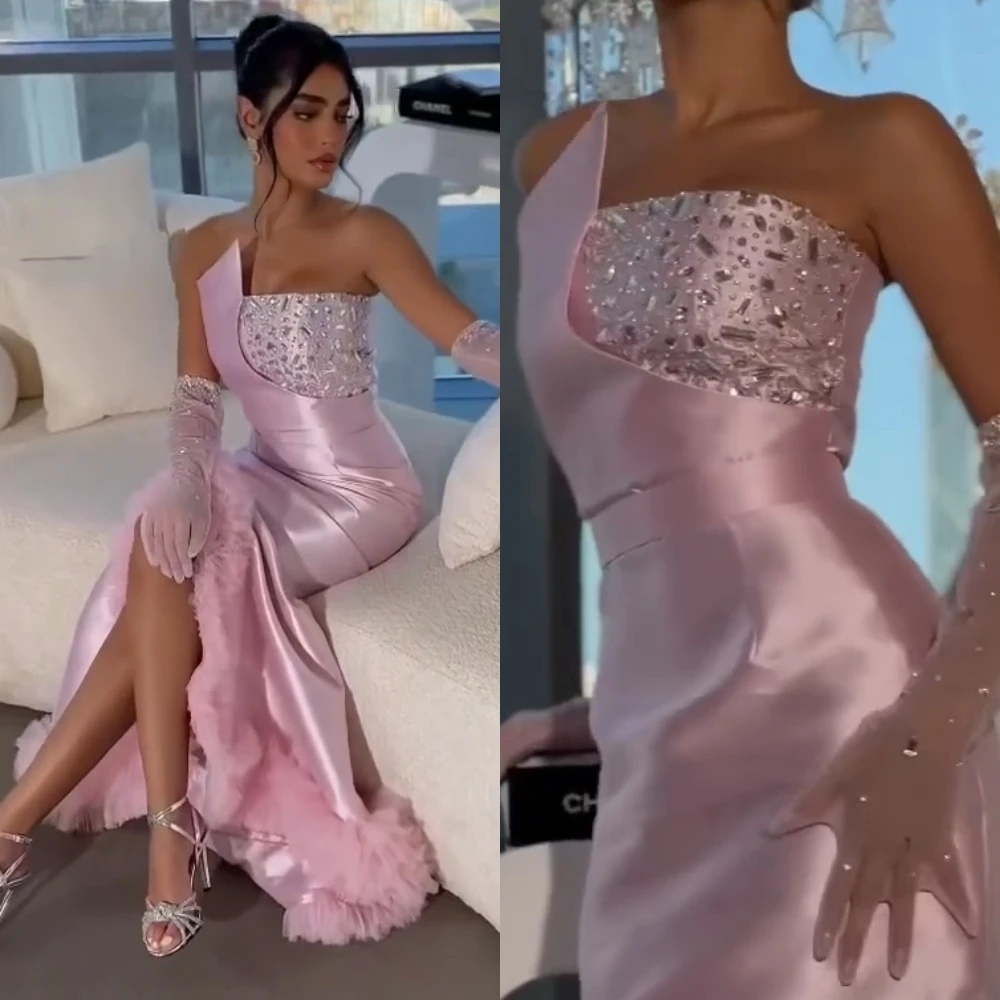 Vestido de noche de satén con lentejuelas y cuentas fruncidas, traje de compromiso sin tirantes, a medida, para ocasiones, largo, Arabia Saudita