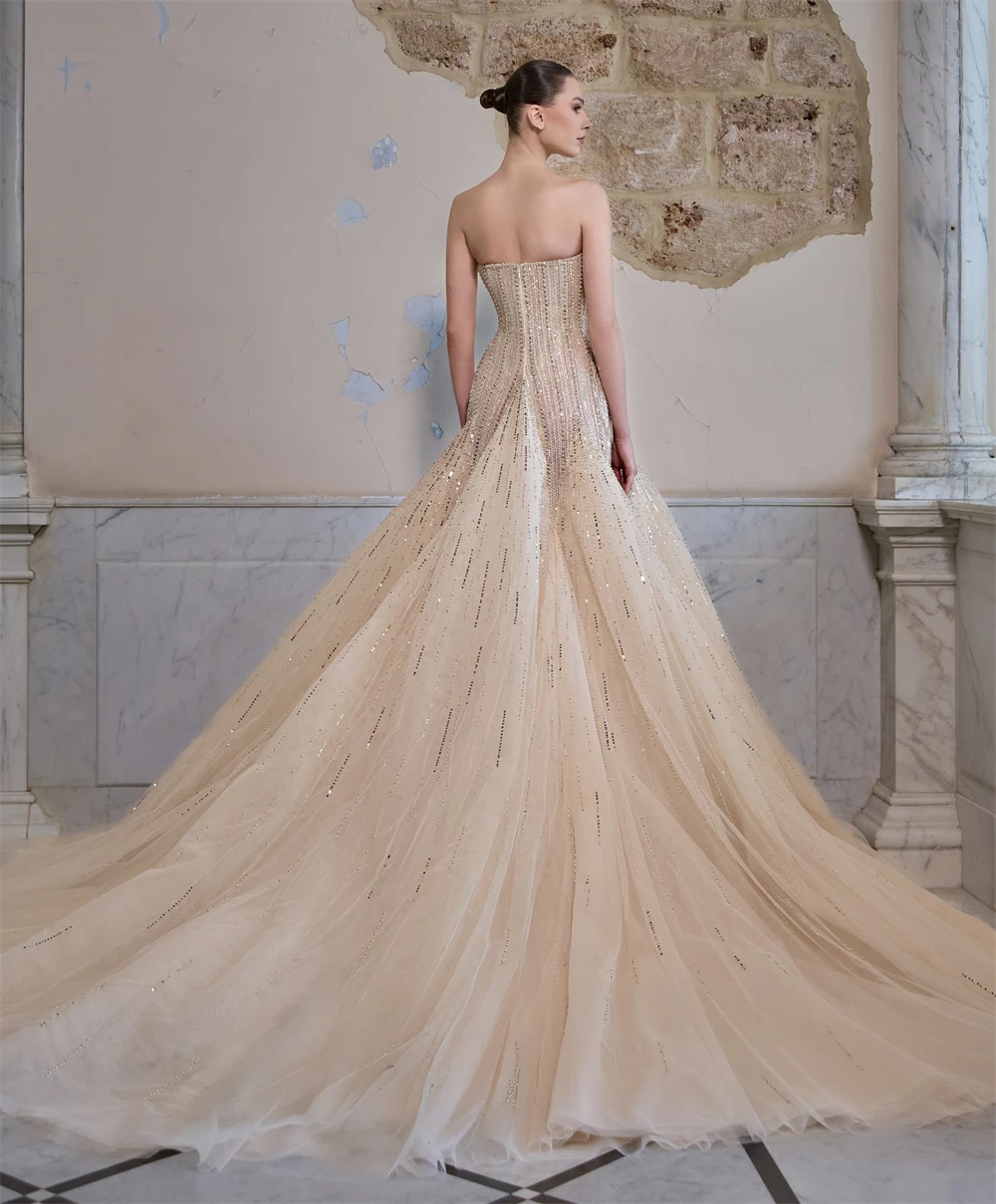 

Customized Mermaid Classic Tulle Evening Dress Elegant Strapless Sleeveless Homecoming Dress Court Train Vestido De Festa