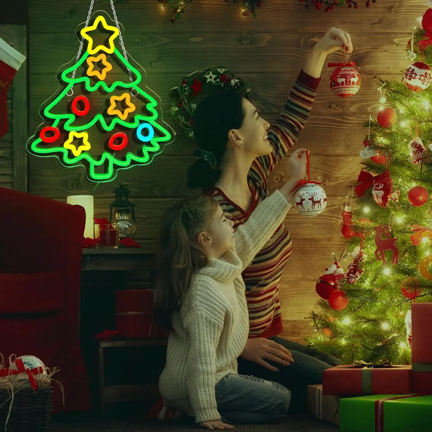 Christmas Tree Neon Signs Dimmable Christmas Led Light Sign Star for Holiday Party Home Bar Festival Wall Decor USB Powered