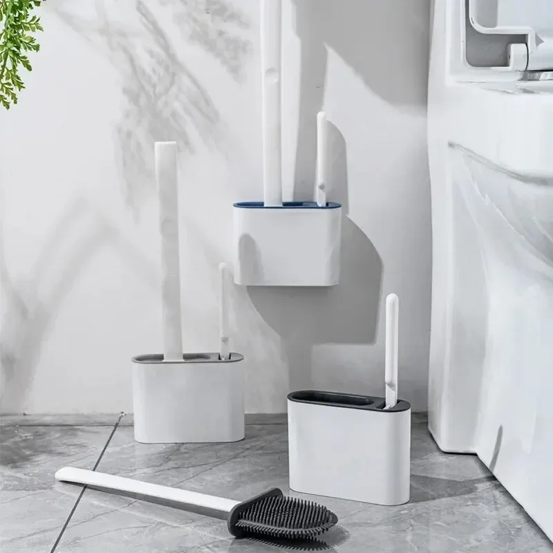 Wall Hanging Long Handle Silicone Toilet Brush Holder Soft Bristles Quick Dry Waterproof Bathroom Cleaning Accessories