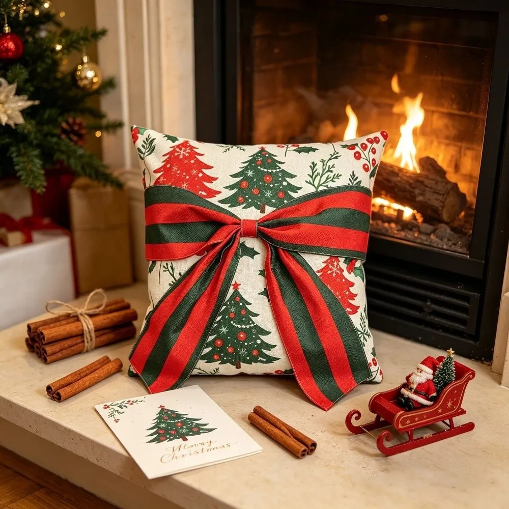 Bow Design Christmas Pillow Cover Snowflake Exquisite Throw Cushion Case Square Soft Xmas Tree Pillowslip Holiday Cushion