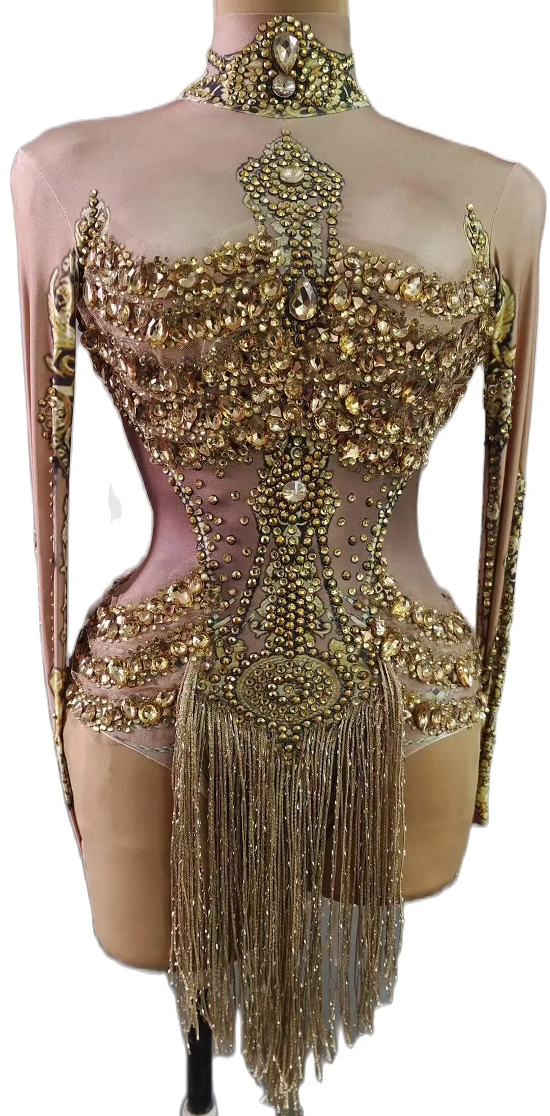 

Gold Rhinestone Bodysuits Women Fringe Birthday Party Shinning Long Sleeve Tassel Dancer Gogo DJ Sparkle Drag Queen Stage Wear