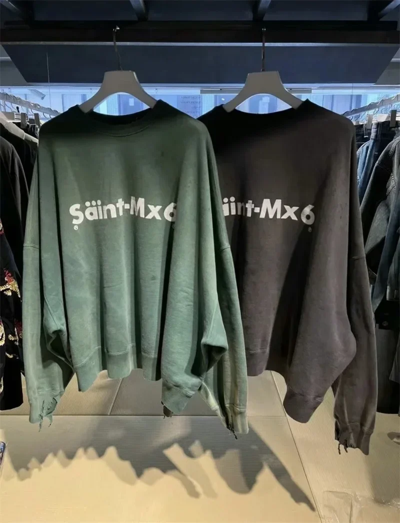 

Letter Printing Saint Michael Sweatshirts Oversized Washed Green Destroy Men Clothing