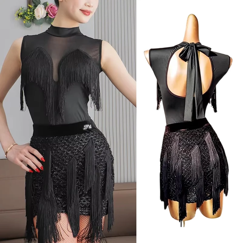 فستان رقص لاتيني نسائي أسود بدون أكمام ملابس أداء السالسا تشا تشا سامبا ملابس ممارسة الكبار ملابس الرقص اللاتينية 3609