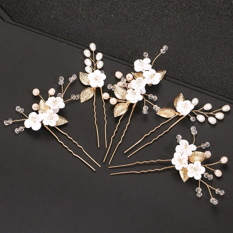 1Set White Flower Hairpin U Shaped Hair Pins Clips Floral Headpiecs for Women Girls Bride Wedding Party Headwear Hair Jewelry