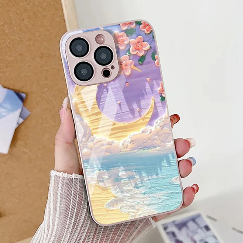 Etui ze szkła hartowanego Stars and Moon do iPhone'a 12 Etui iPhone 14 15 11 13 Pro Max X XR XS Max 7 8 14 15 Plus SE 2020 Cover Funda