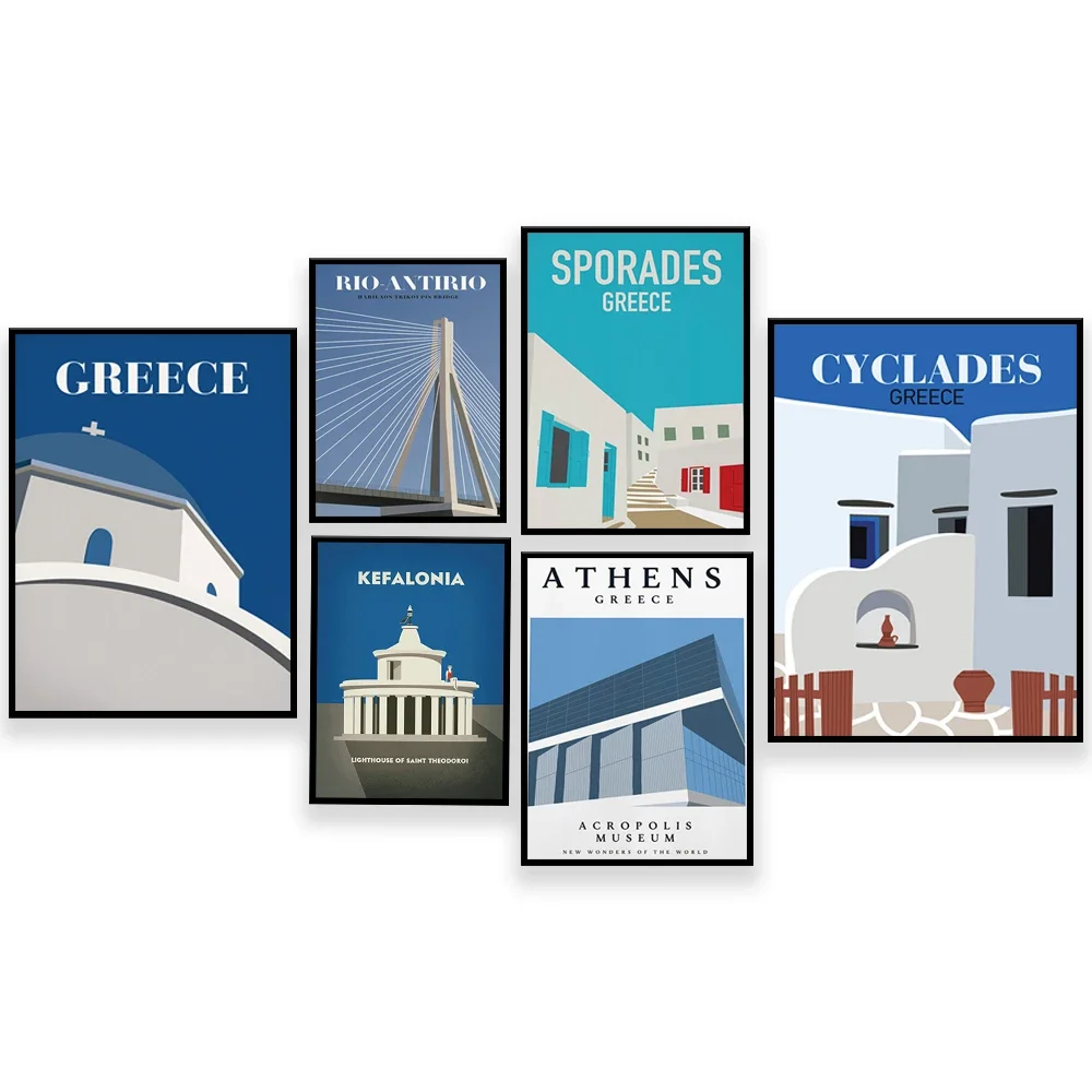 Acropolis museum in Athens, Greece, Cyclades architecture, Greek islands, Santorini, Amorgos, Mykonos, travel poster by Mankey
