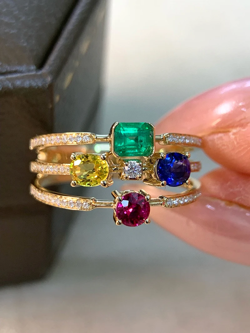 LUOWEND 100% 18K Yellow Gold Rings Luxury Rainbow Design Shiny Diamond Natural Gemstone Ring for Women High Party Jewelry
