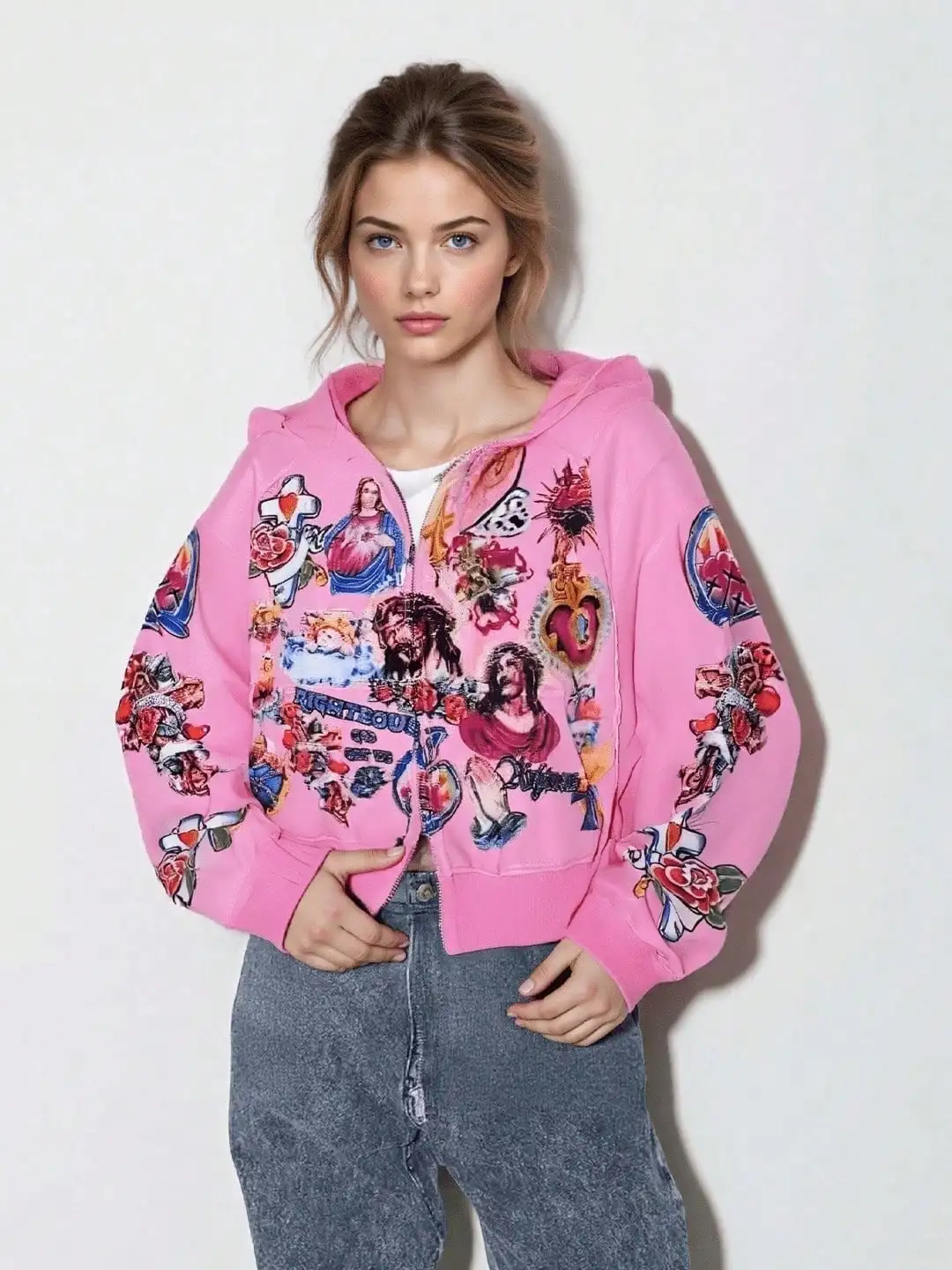 سترة نسائية بغطاء للرأس بسحاب وطبعة جرافيك وأكمام طويلة مع جيب #3