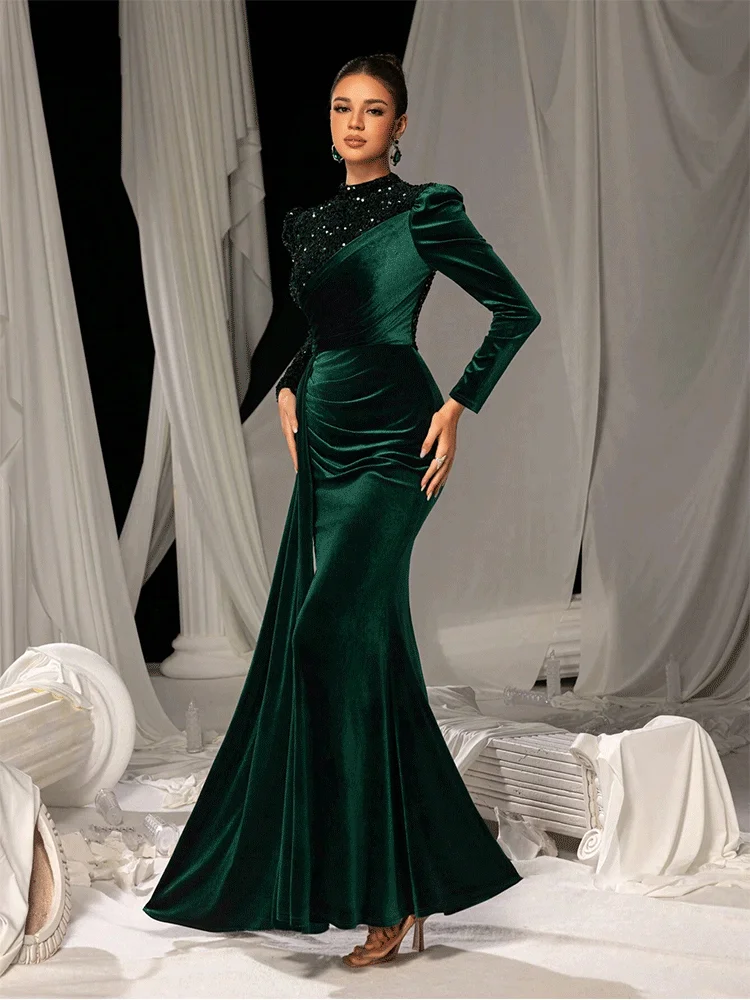 Vestido de noite de banquete de manga comprida brilhante verde escuro de veludo com decote redondo feminino outono e inverno vestido de baile de banquete de manga comprida