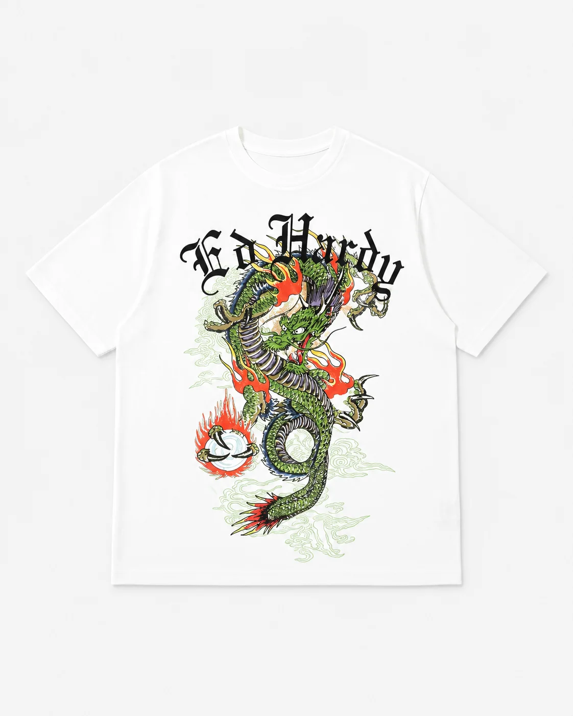 Ed Hardy Green Oriental Dragon Flame Pearl Cloud Print T Shirt Unisex Loose Oversized Harajuku Streetwear Cotton Summer Graphic