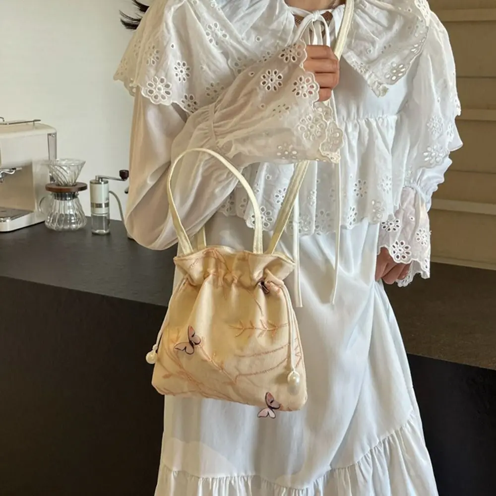 Ethnic Style Drawstring Bag Shoulder Bag Chinese Canvas Bucket Bag Crossbody Bag Hanfu Accessories Embroidery Handbag Daily