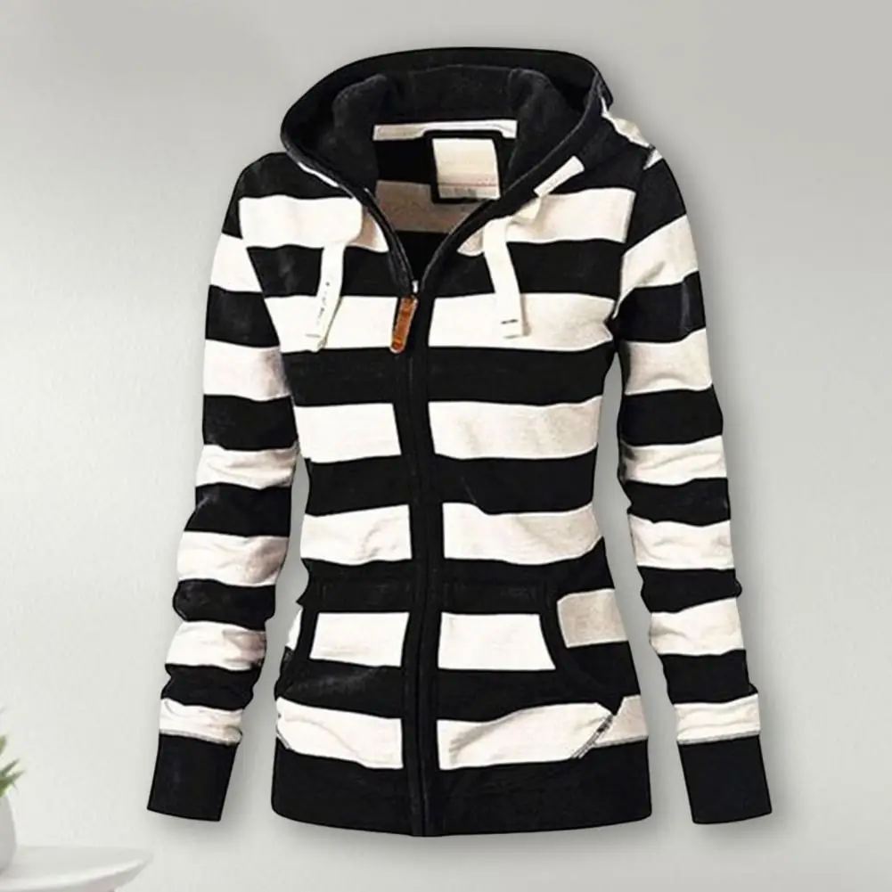 Skin-Touching  Stylish Fall Winter Casual Striped Sweatshirt Jacket Thick Women Coat Pockets   for School