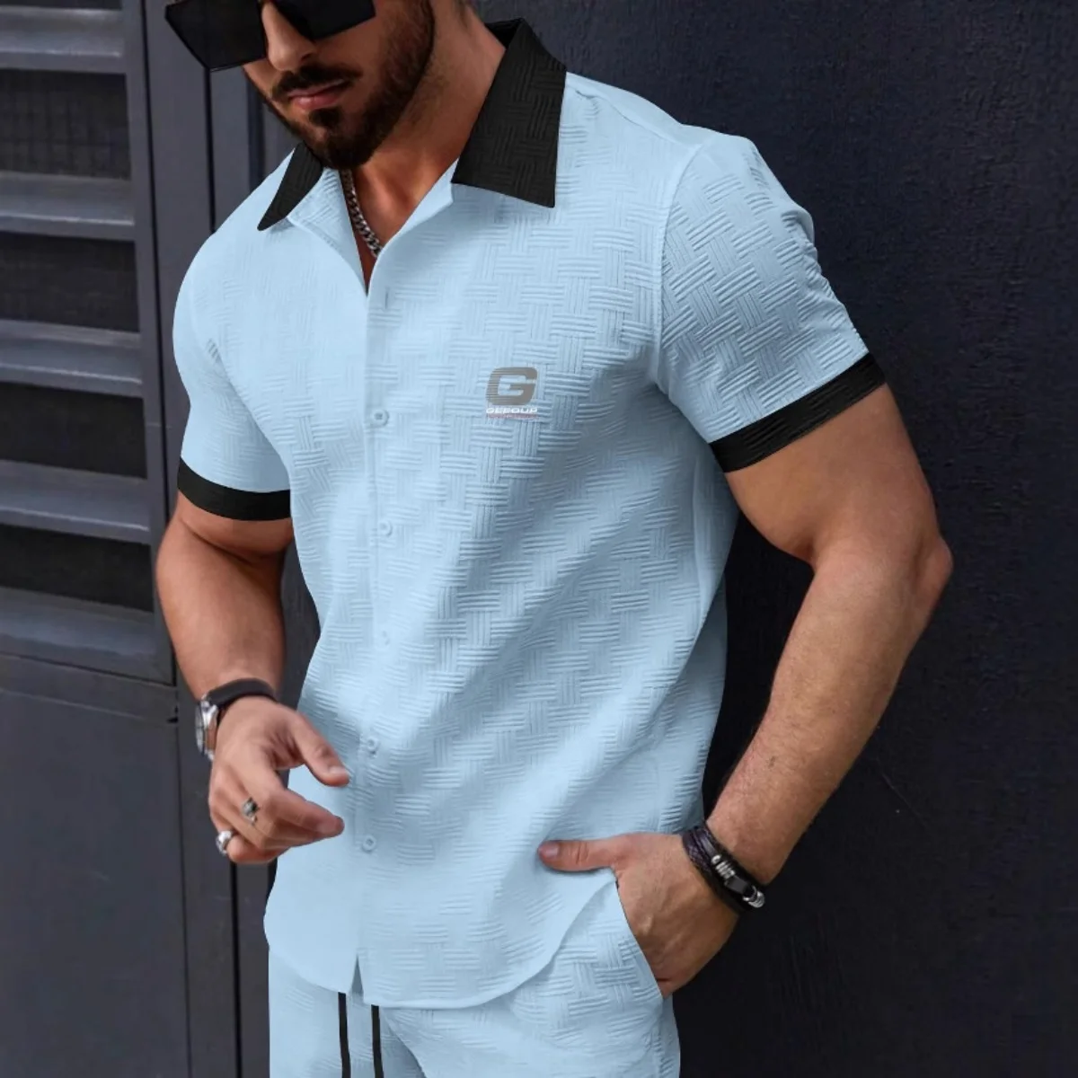 

Summer men's patchwork casual shirt, fashion color lapel single breasted muscle men loose short sleeve shirt top