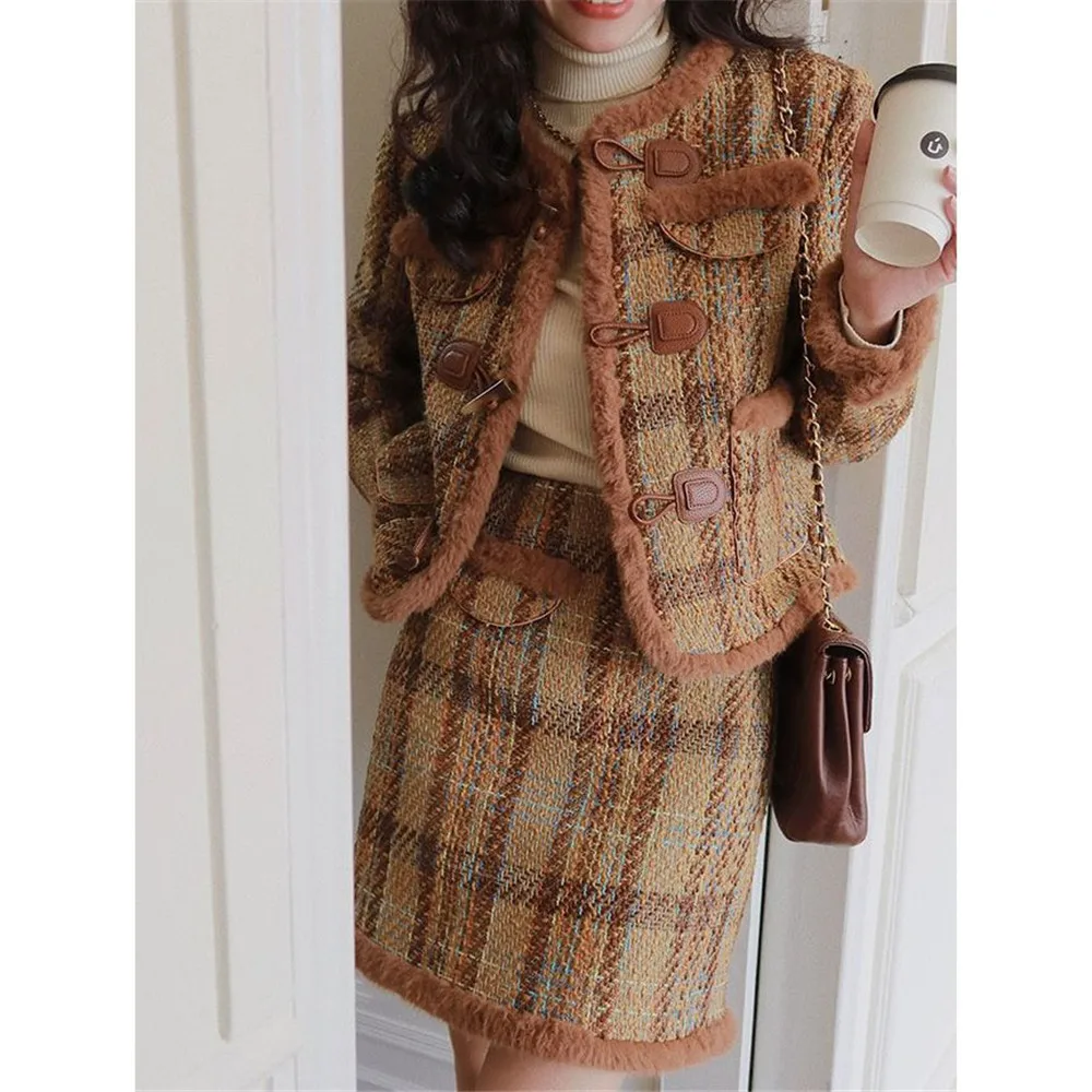 Brown Vintage Plaid Tweed 2pcs Set Fake Fur Patchwork Elegant Jacket + High Waist Mini Skirt Korean Fashion Women Streetwear