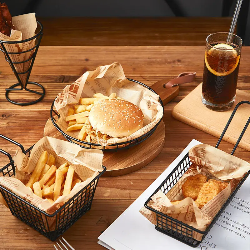 French Fry Basket Stainless Steel Fried Food Bread Dessert Snack Basket American Iron Fried Chicken Plate With Oil Greasy Paper