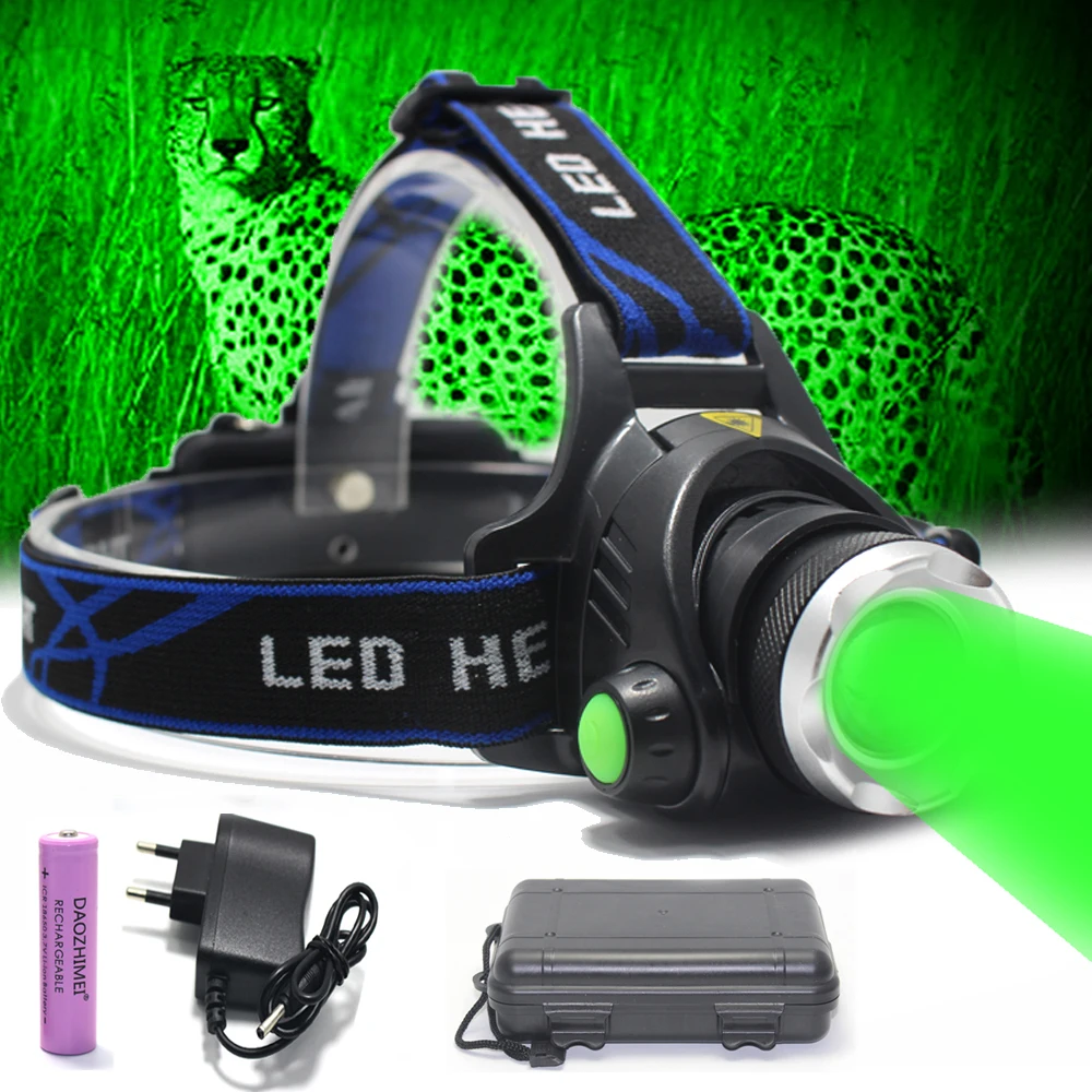 Green LED Headlamp 3 Modes Outdoor Camping Fishing Hunting Headlight Zoom Head Lamp  Power by 18650 Battery