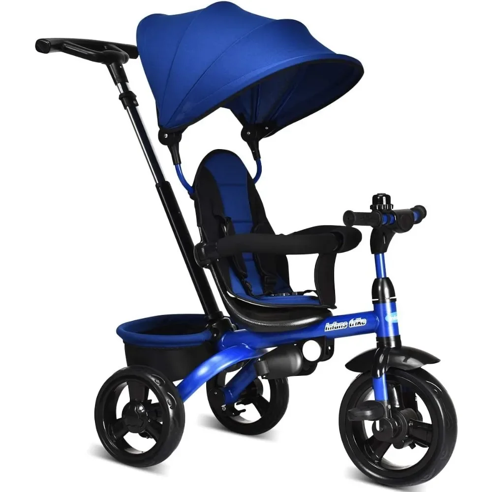 4 in 1 Stroll Trike with Adjustable Push Handle, Removable Canopy, Retractable Foot Plate,Send Children on Baby Walker