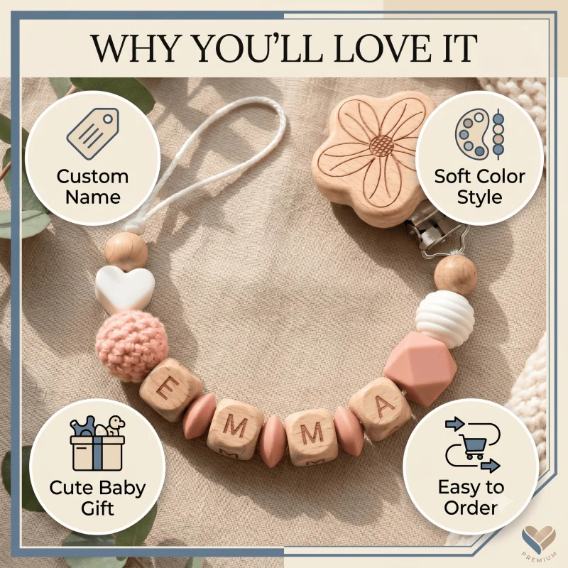 2026 Personalized Baby Pacifier Clip Custom Name Wooden Dummy Chain Silicone Teether Holder BPA Free Baby Shower Gift