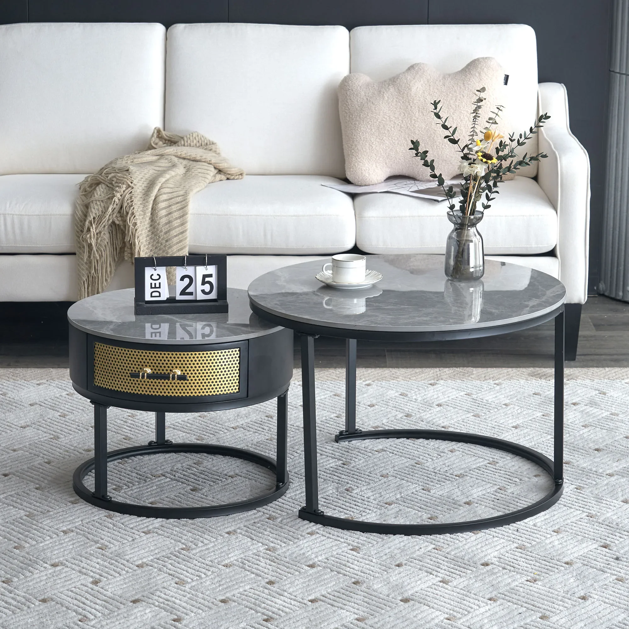 VSOGA Elegant Two-piece Coffee Table Set - Gray Marble Top And Solid Wood Drawers, Matching , 70*70*45.5+50*50*40 Cm