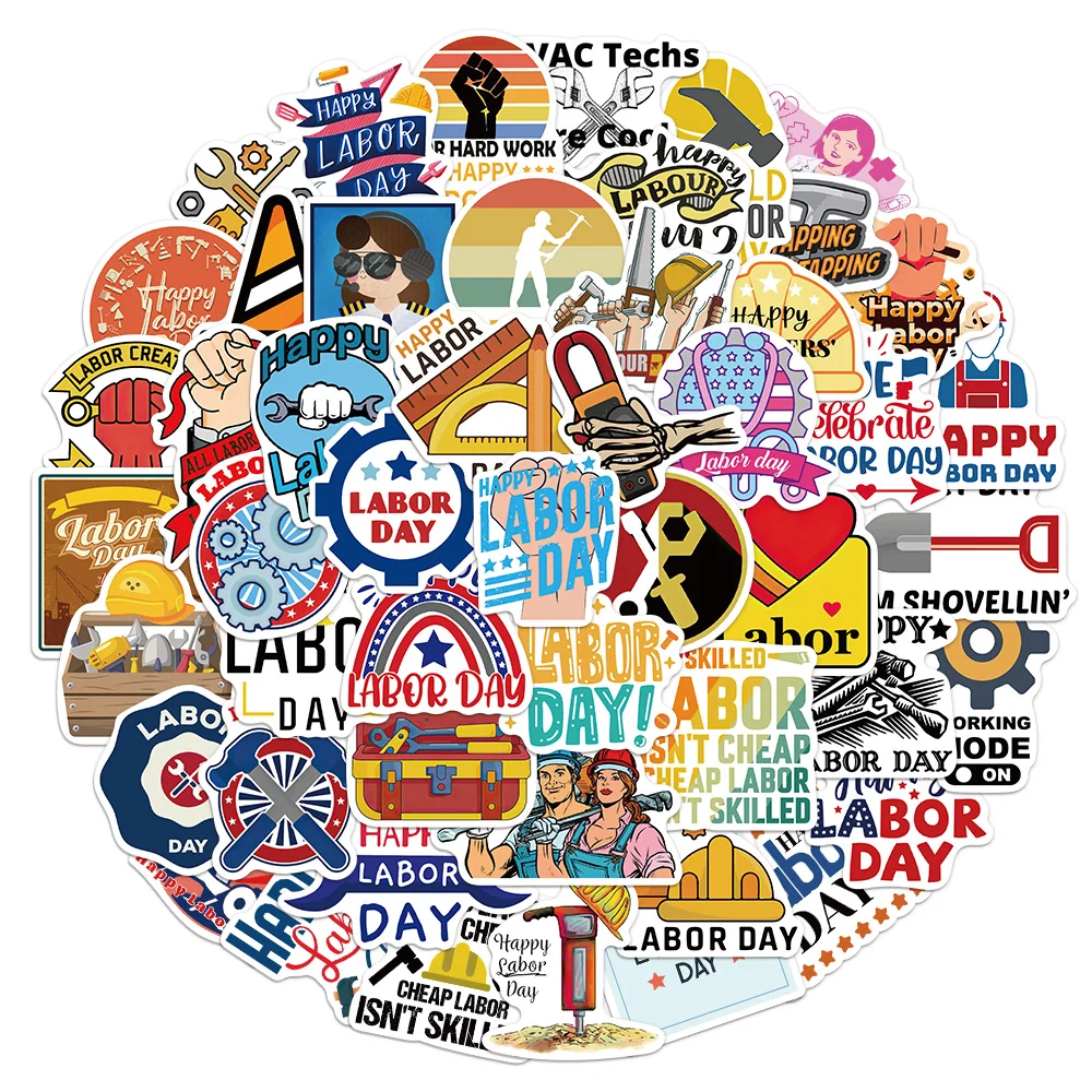 50PCS Fun Cartoon Labor Day Graffiti Stickers Notebook Water Bottle Luggage Notebook Phone Waterproof Decorative Stickers