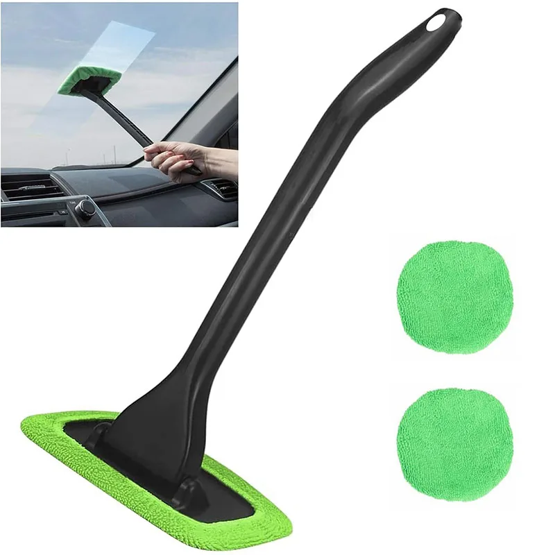 Windshield Cleaning Tool Window Cleaner Brush 2pcs Reusable Cloth Pads Inside Interior Auto Glass Wiper With Long Handle