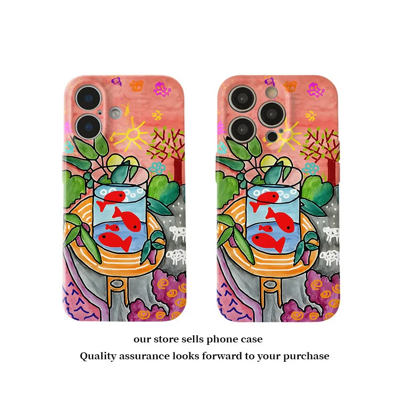 Oil Painting Style with Fish Every Year Cute Phone Case for IPHONE 16 15 14 13 12 11 Acrylic TPU Two in One Mobile Phone Cases