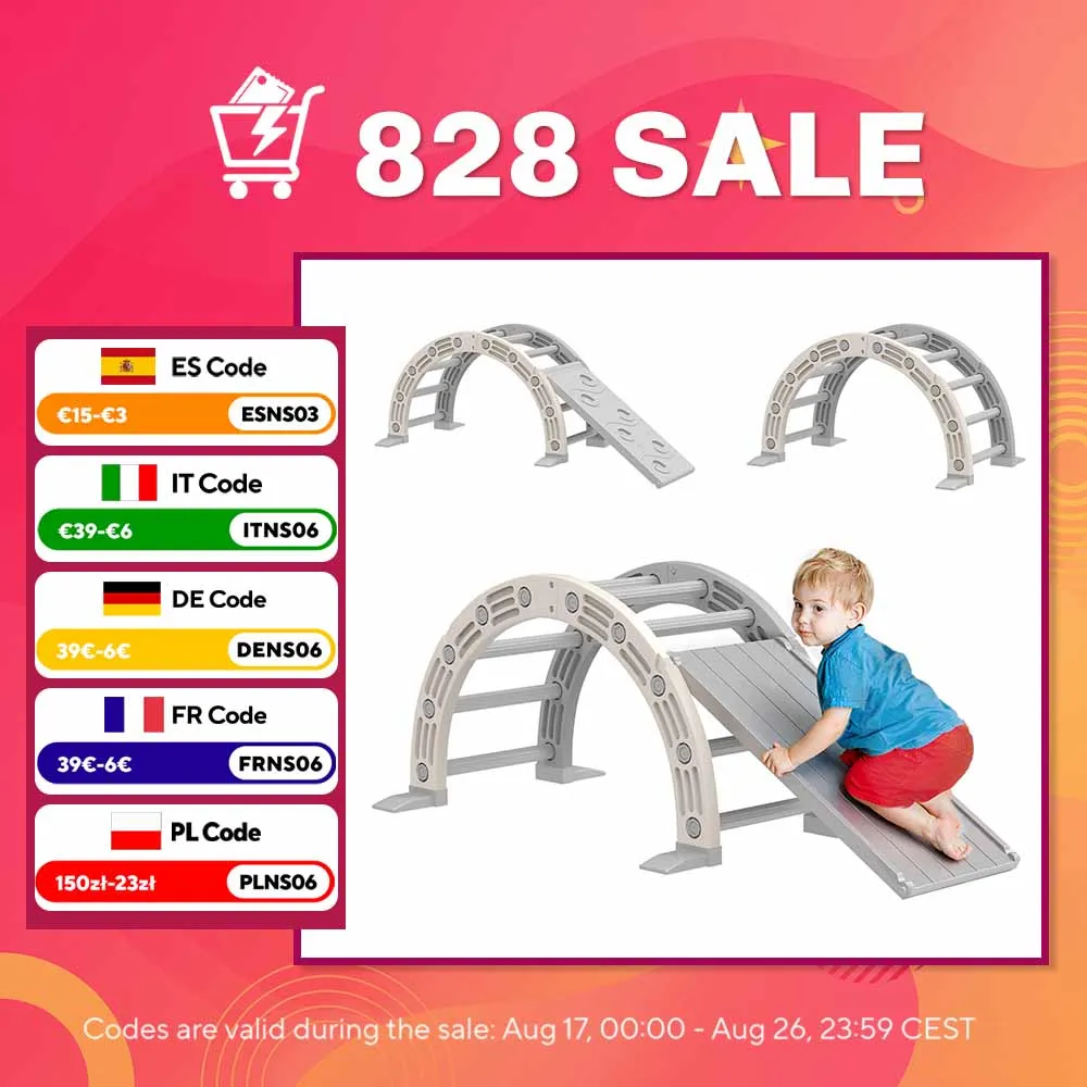 Aiyaplay Jouet d'escalade 4 en 1 pour enfants avec arche d'escalade, balançoire, rampe et toboggan, jouet en plastique pour enfants de 18 à 48 mois, pour l'intérieur et l'extérieur, gris et blanc
