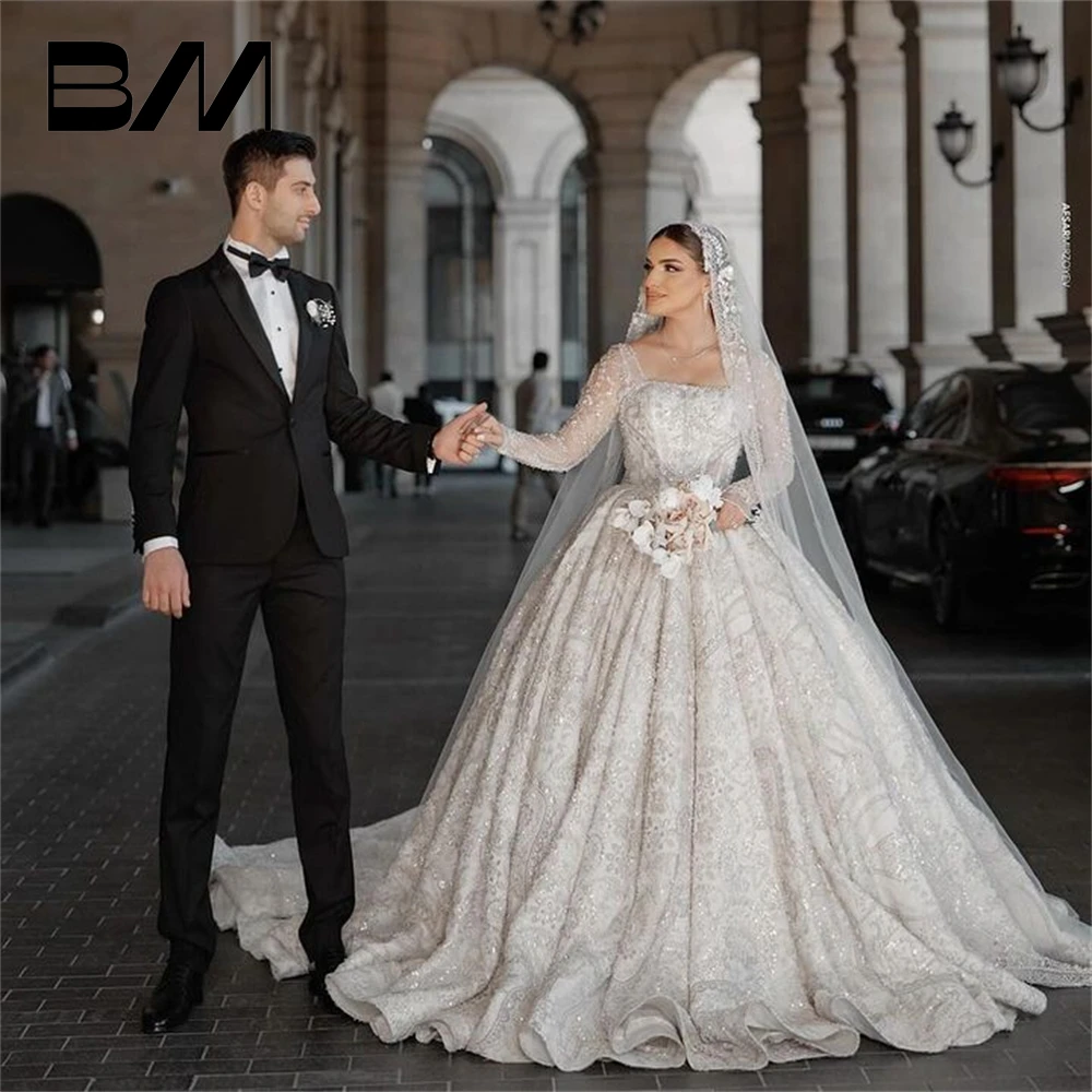 Embroidery Ballgown Wedding Dresses For Women Luxury Arabic Bride Dress Square Neckline Bridal Gown Lace-up Closure Long Chapel