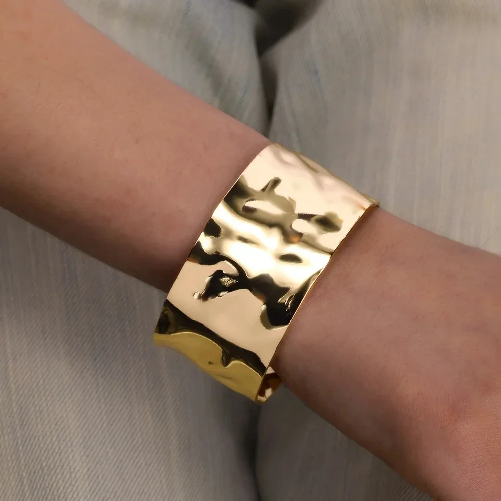 Classic Wrinkle Texture Open Cuff Bangle for Women, Gold Color Stainless Steel Bracelet, Exquisite Hand Ornament Jewelry Gift