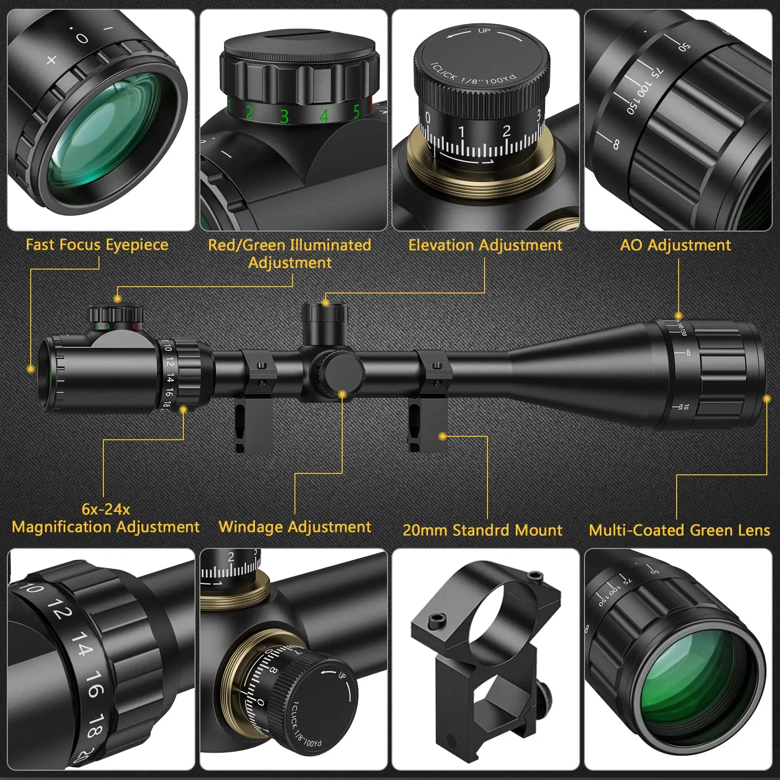 CVLIFE Hunting Rifle Optics Scope 6-24x50 AOE Red and Green Illuminated Green Film Gun with Free 20mm Mount