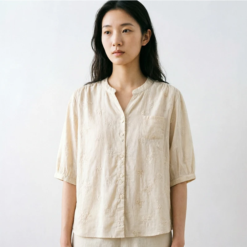 New Summer V-collar Embroidered Grape Shirt Women Clothing Solid Color Short-sleeved Cotton Female Blouse Shirt Tops U074