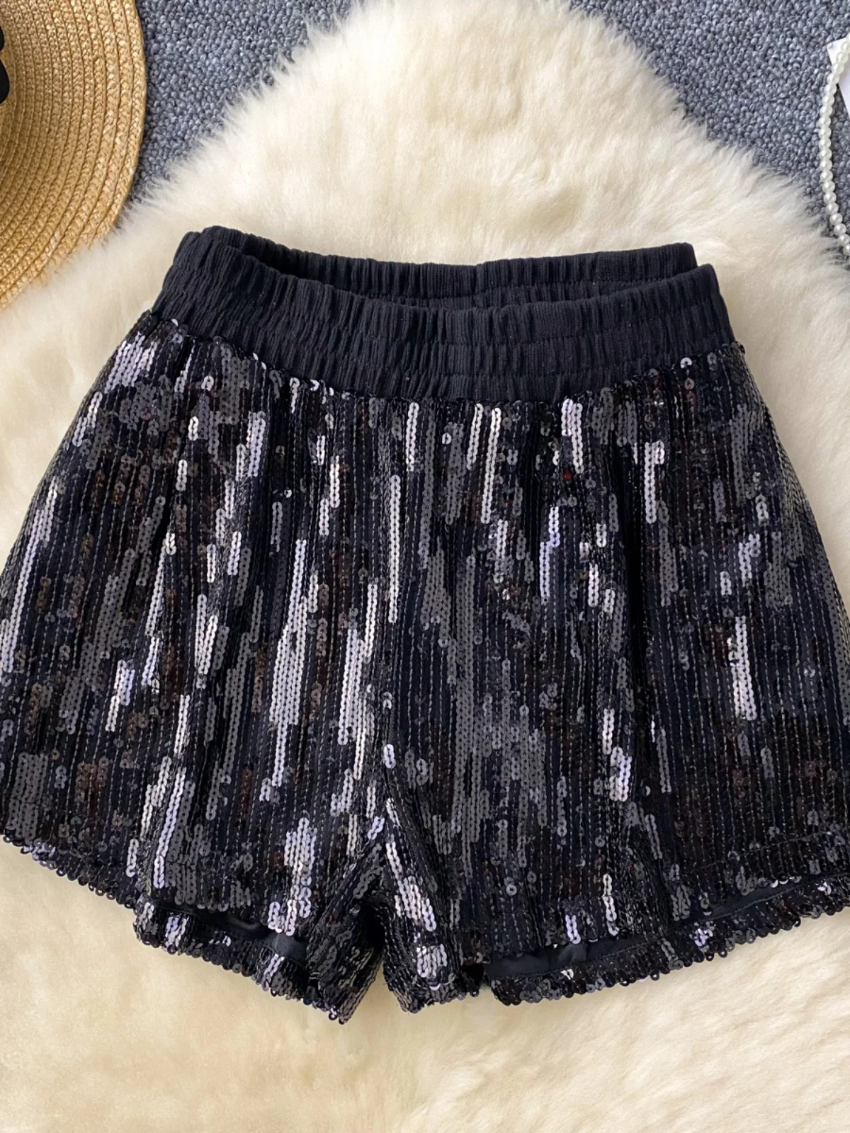 RapBroderie-Short à Paillettes Brillantes pour Femme, Taille artificiel astique, Amincissant, Ligne A, Jambes Larges, Pantalon Court Décontracté, Été 2024