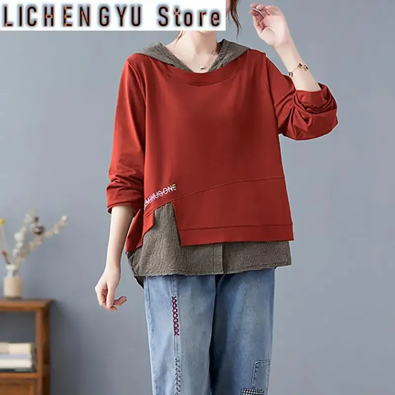 Fashion Fake Two Pieces Plaid Embroidery Hooded Sweatshirts Women Clothing Autumn New Loose Korean Tops Casual Sweatshirts