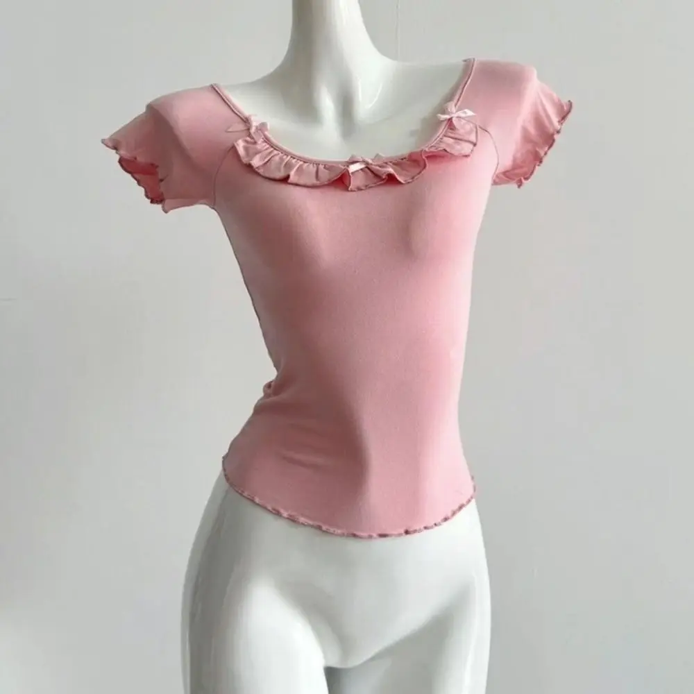 

Корейский стиль, футболка с короткими рукавами и рюшами и бантом, пуловер с U-образным вырезом Y2K, тонкий укороченный топ, шикарная уличная одежда, футболки с милым бантом, женские рубашки