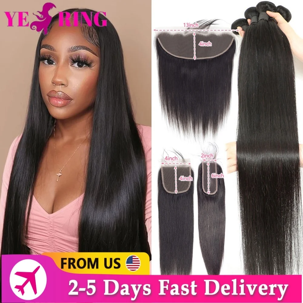 12-32 Inch Human Hair Bundles With Closure Straight Raw Hair 3 4 Bundles With 2x6/5x5 HD Lace Closure Virgin Weave With 13x4 Frontal For Women