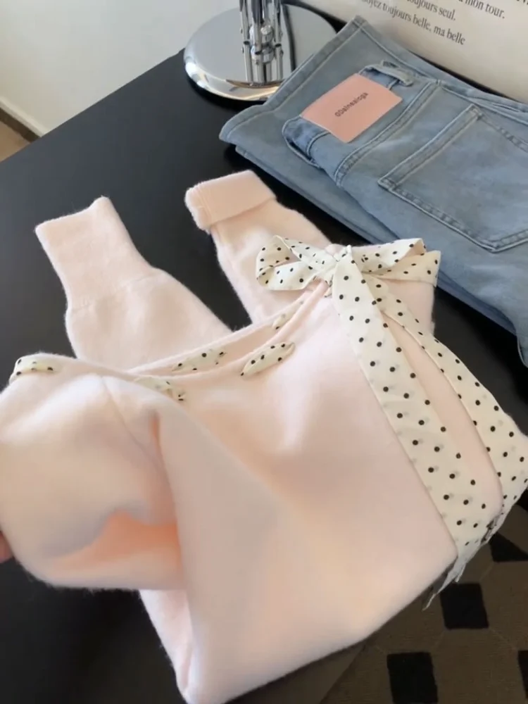 

Polka Dot Bow Tie Pink Knitted Sweater Women's Loose Slimming Inner Wear Top Sweet Aosphere Autumn Winter Faion Design