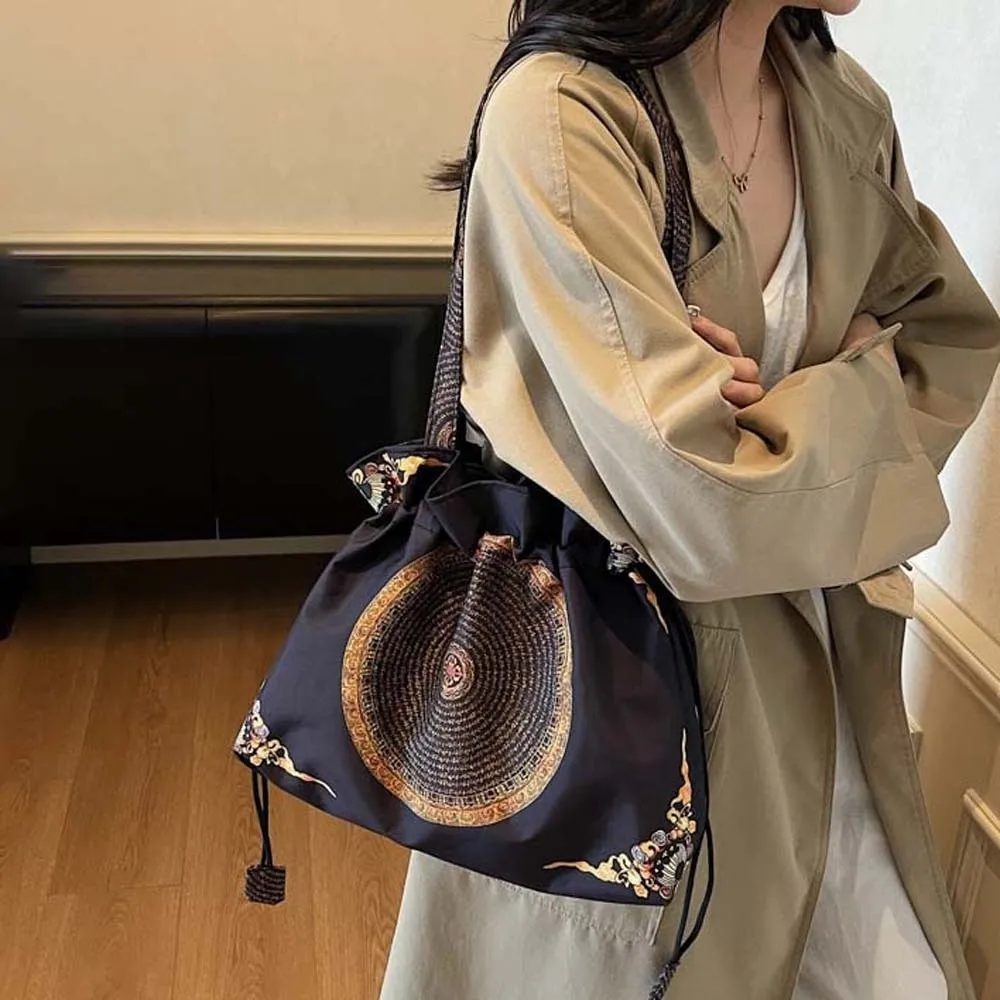 

Хлопковая сумка Hanfu на шнурке в стиле ретро с цветочным принтом и китайским принтом, карманная сумка с вышивкой персонажей, дорожная сумка