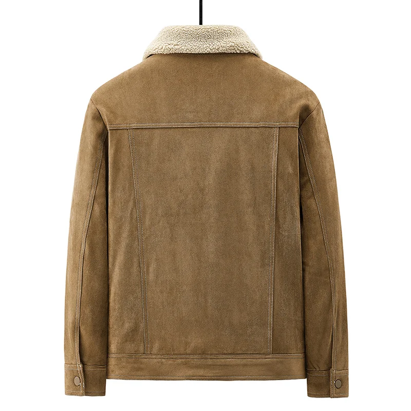 سترة رجالية عصرية من جلد الغزال مع بطانة من الصوف معطف عالي المرونة ومضاد للتجاعيد سترة شتوية بقصة ضيقة