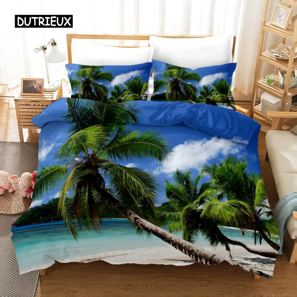 

Beach Duvet Cover Set Summer Beach Decor Hawaiian Vacation Style Bedding Set Polyester Palm Tree Tropical Nature Sea Quilt Cover